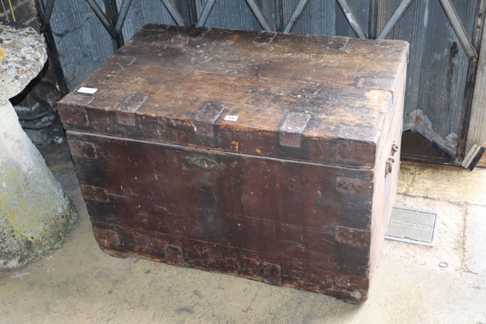 A Victorian pine trunk and a collection of mixed metalware